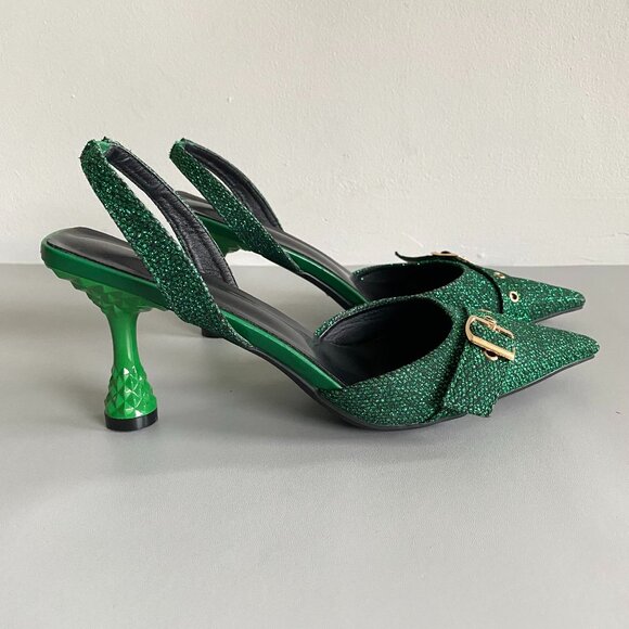 Green Sparkly Pointy Toe Sling Back Heeled Shoes Sz 10 - Picture 5 of 12